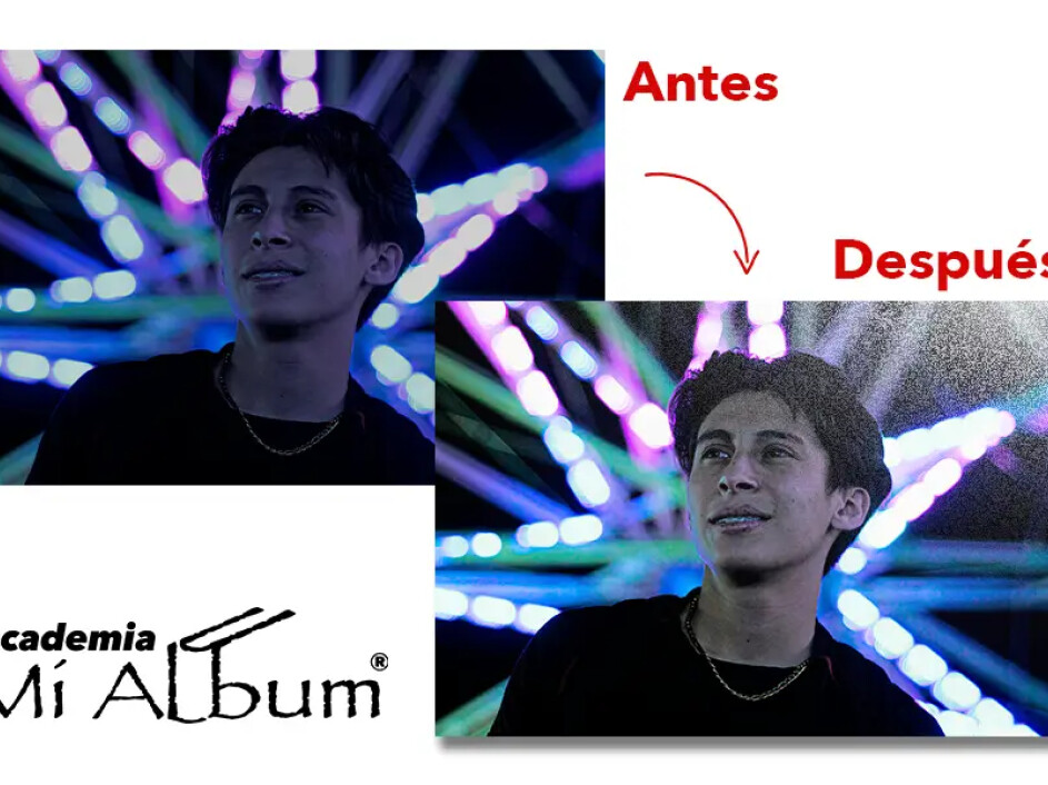Corrección de color en Mi Album: balance cálido y tonos amarillos para realzar detalles ocultos en fotos oscuras y contraluz.