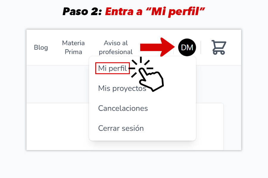 Pantalla para acceder al perfil de usuario en Mi Album, seleccionando el ícono de perfil en la parte superior derecha.