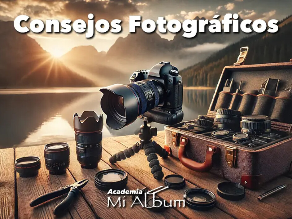 Equipo fotográfico con cámara, lentes y accesorios sobre una mesa frente a un lago al atardecer "Consejos Fotográficos".