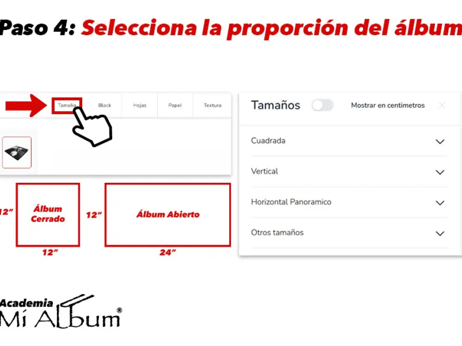 Interfaz mostrando las proporciones cerradas y abiertas de un álbum, con opciones de tamaño cuadrado, vertical y panorámico.