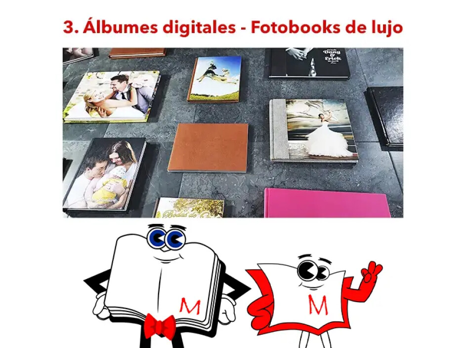 Álbumes digitales y fotobooks de lujo en diferentes estilos, diseñados para eventos como bodas, XV años y aniversarios, con empastados de alta calidad.