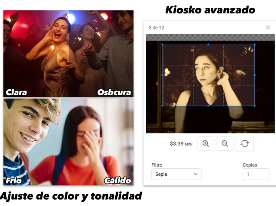 Opciones de ajuste de color y personalización en la impresión de fotos con herramientas avanzadas.
