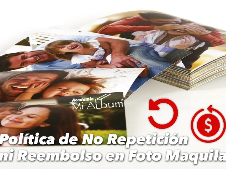 Paquete de fotos impresas con iconos de reembolso y repetición cancelada.