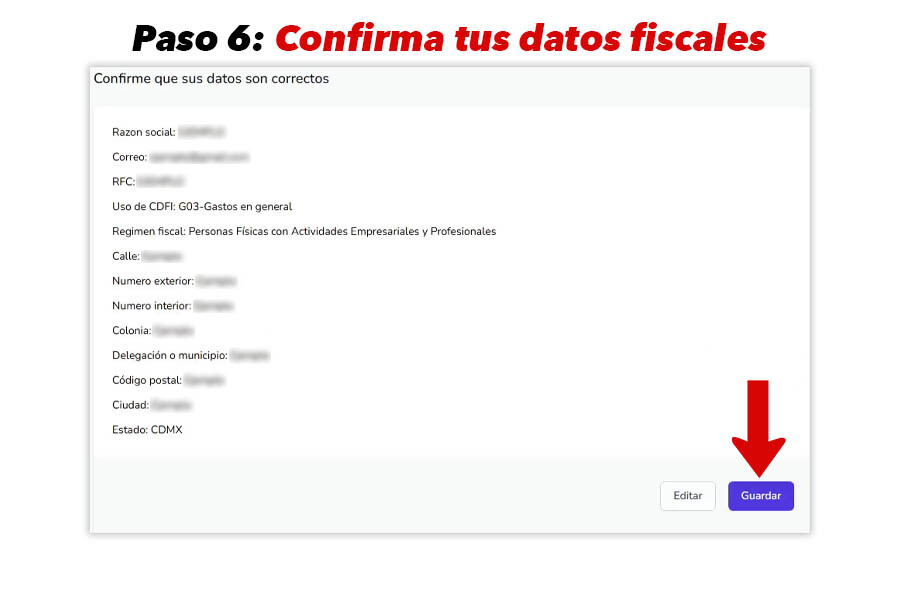 Pantalla de confirmación con botón final “Guardar”.