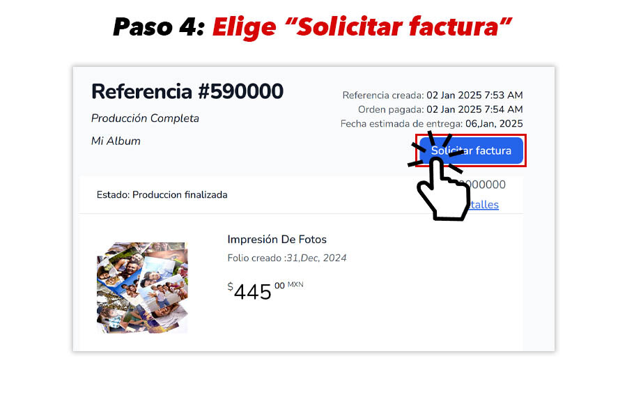 Pantalla con opción visible para solicitar factura en Mi Album.