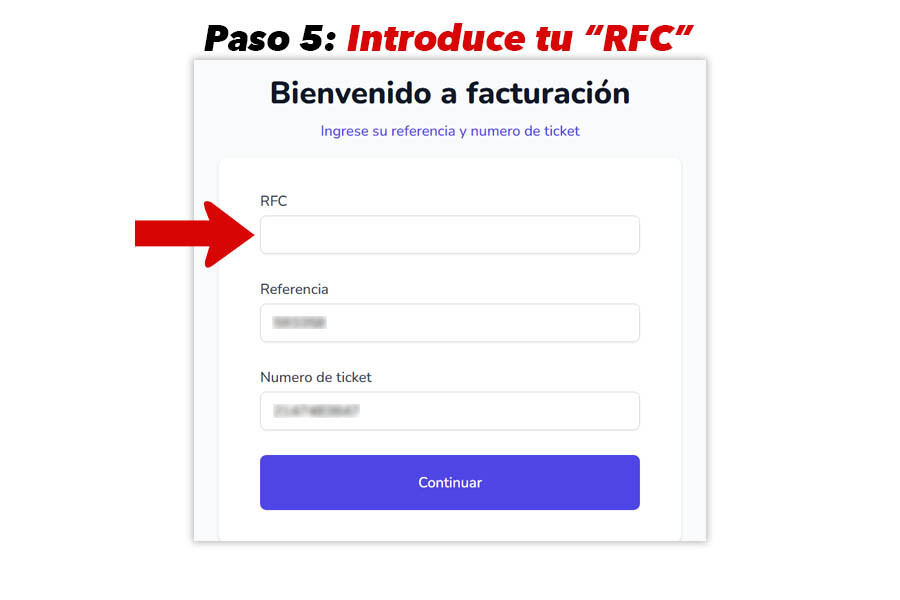 Formulario para ingresar RFC, referencia y número de ticket.