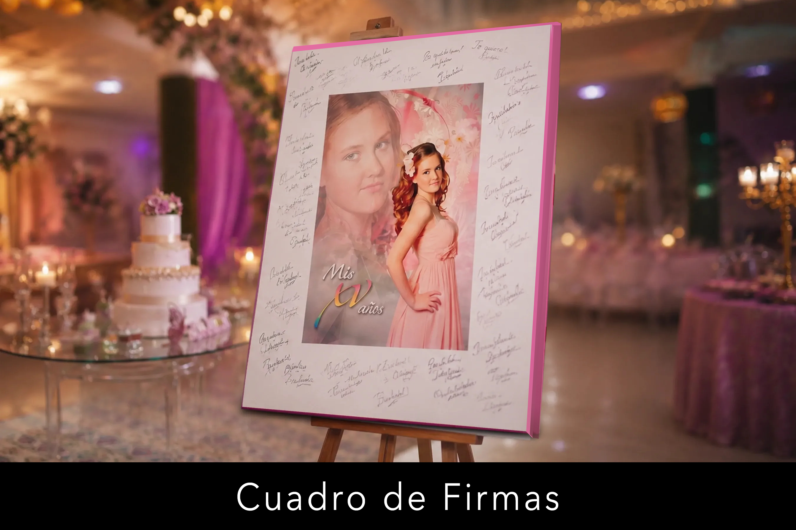 Cuadro de firmas personalizado para boda con fotografía de los novios y dedicatorias escritas por los invitados durante la recepción.