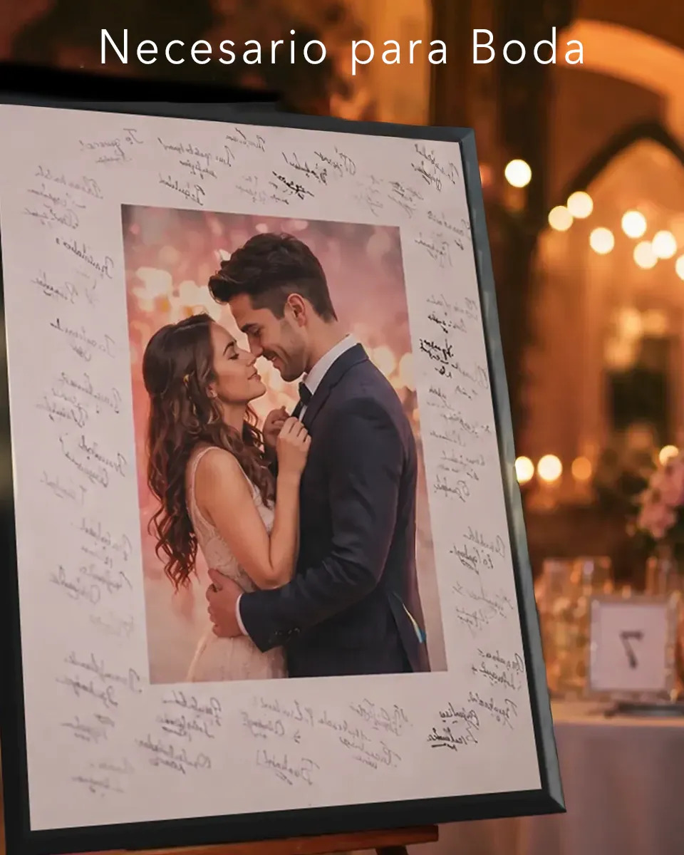 Cuadro de firmas personalizado para boda con espacio para mensajes y dedicatorias de los invitados.