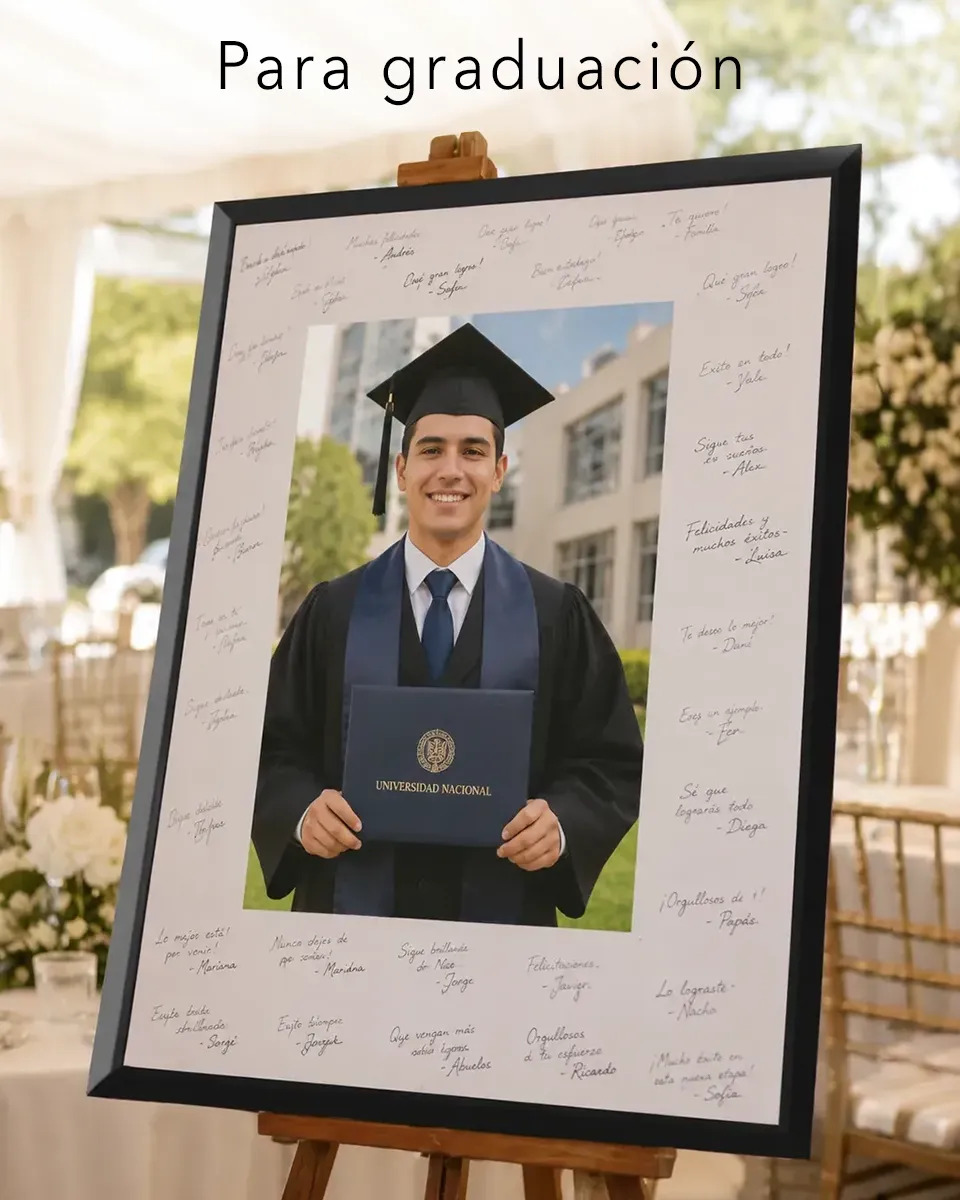 Cuadro de firmas para graduación con fotografía del graduado y espacio para felicitaciones.