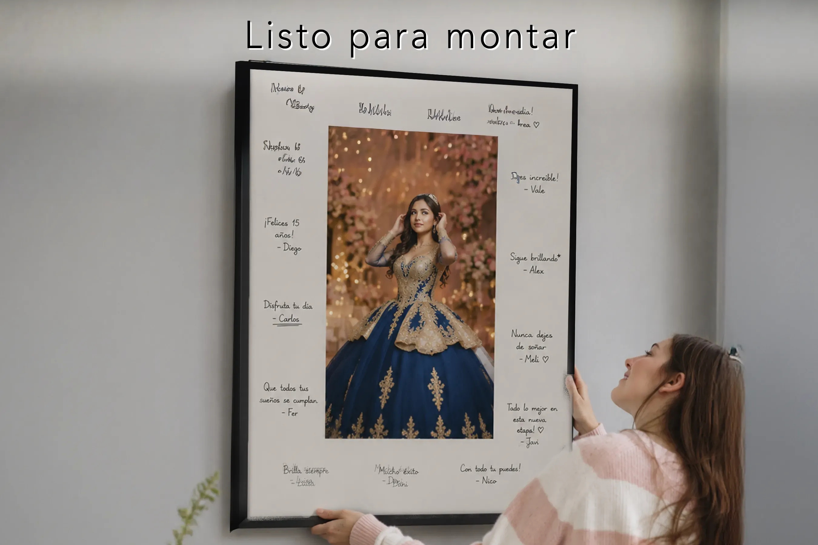 Invitados escribiendo mensajes y firmas en un cuadro de firmas personalizado durante un evento con marcador permanente.