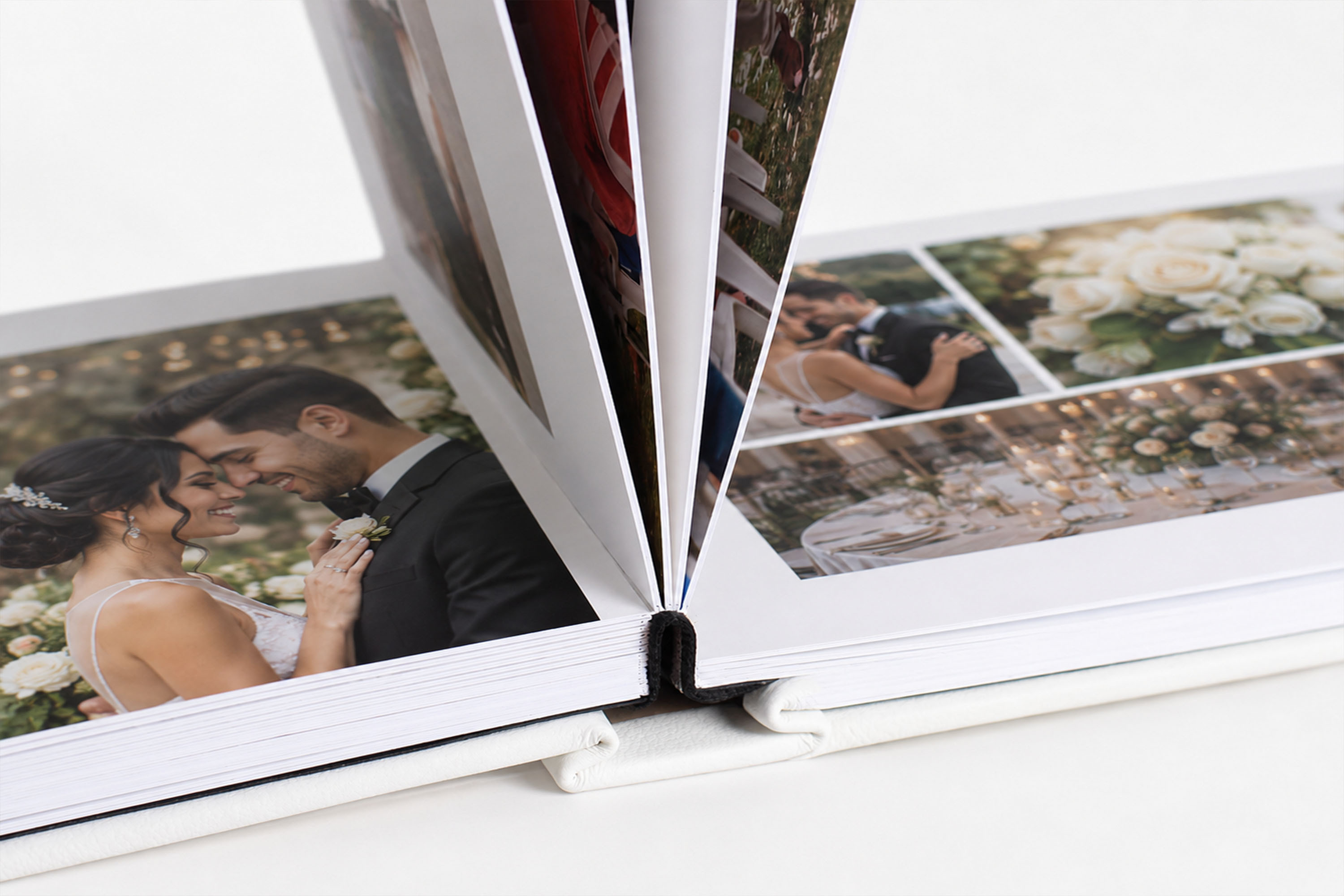 Fotobook LayFlat profesional abierto con páginas fotográficas de apertura plana