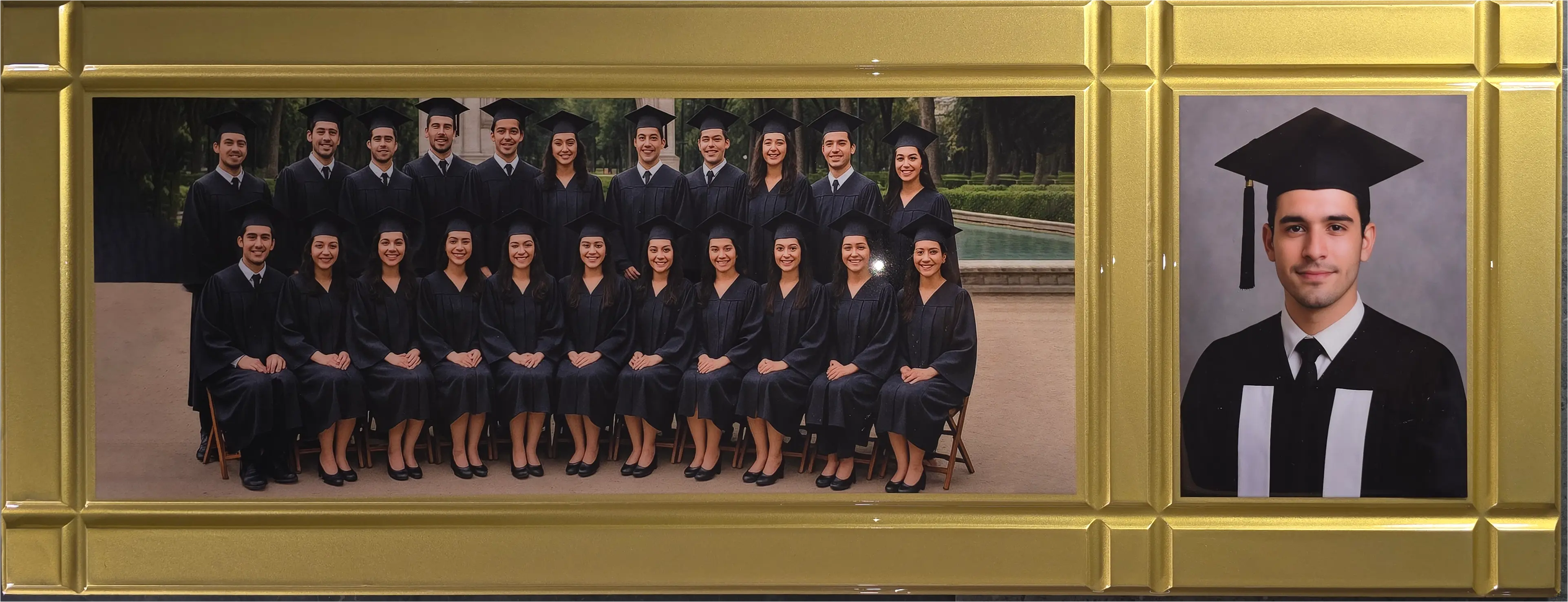 Cóncavo 2 escolar con la foto del alumno y la foto de su grupo en una base de MDF